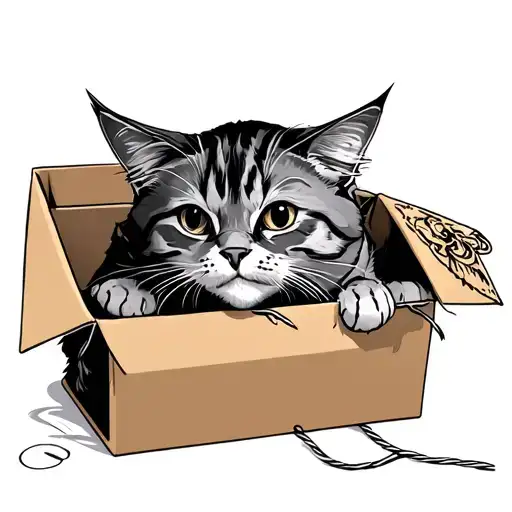shrodengers cat with string coming out of the box tattoo design idea