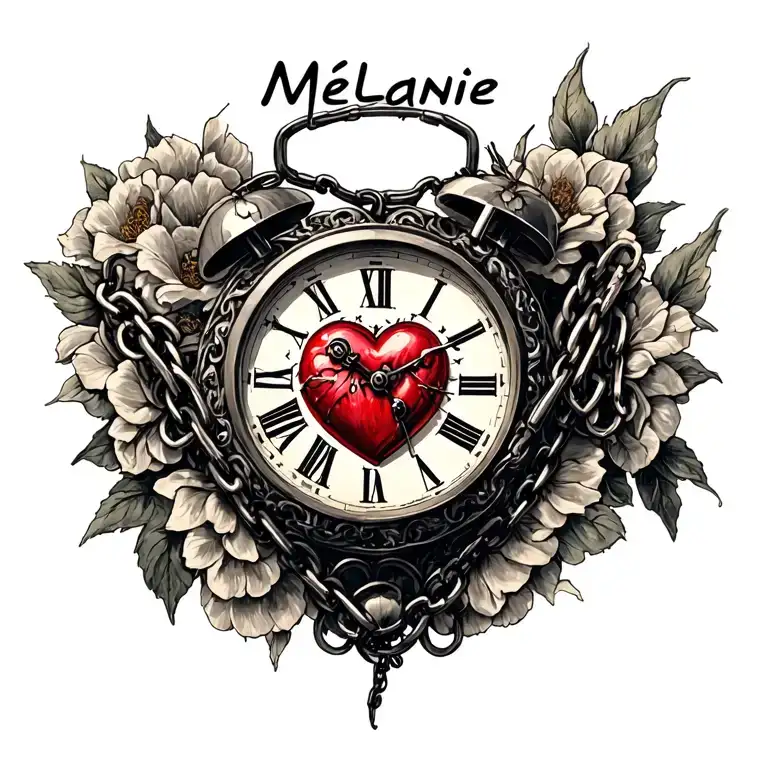 "Mélanie" clock heart chains tattoo design idea