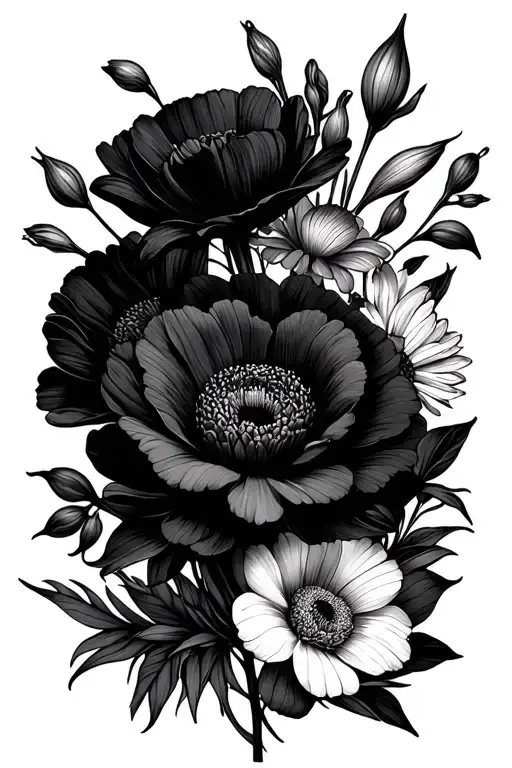 Gladiolus, poppy, chrysanthemum, and peony bouquet minimalist black tattoo tattoo design idea