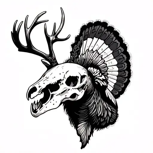trout jumping, deer skull , turkey fan surrounded tattoo design idea