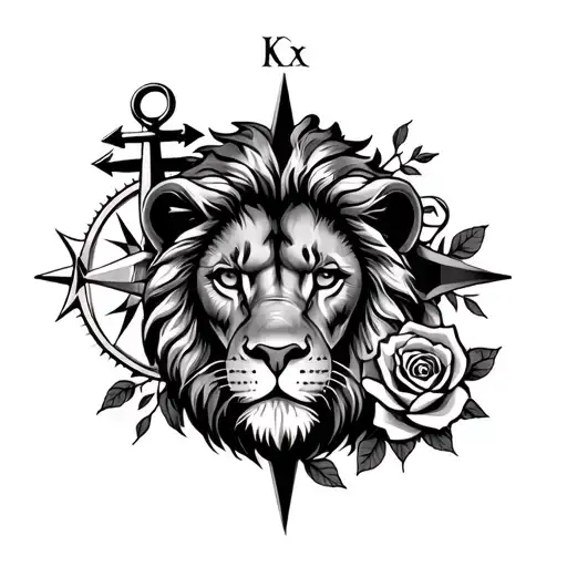 Tattoo sleeve with a lion face as a the base surrounded by a compass, a rose and an anchor. tattoo design idea