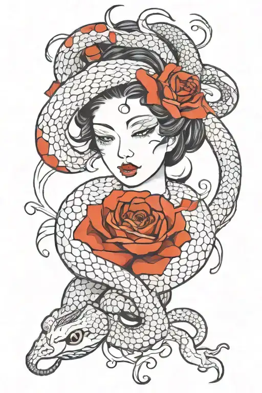 female face and a snake in the shape of a human heart tattoo design idea