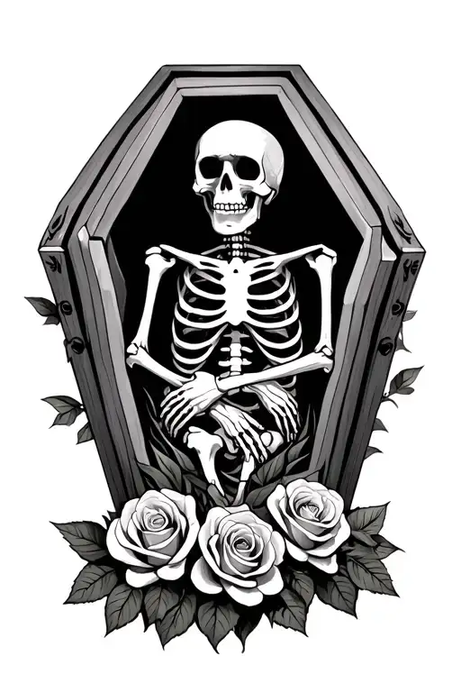 skeleton with crossed forearms in a coffin surrounded by roses  tattoo design idea