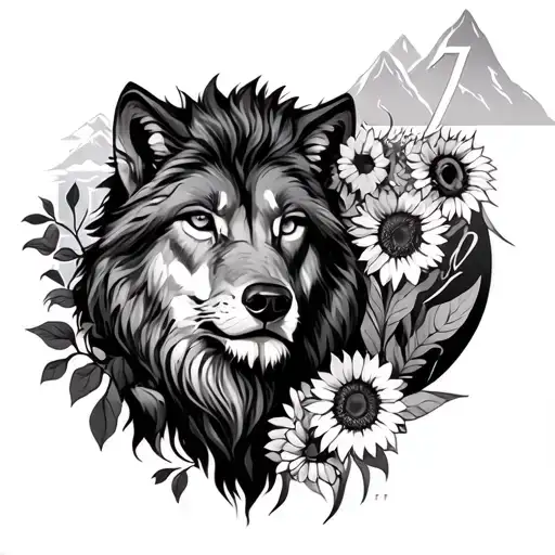Wolf eye and lion and 7 and mountains and sunflowers sur le bras tattoo design idea