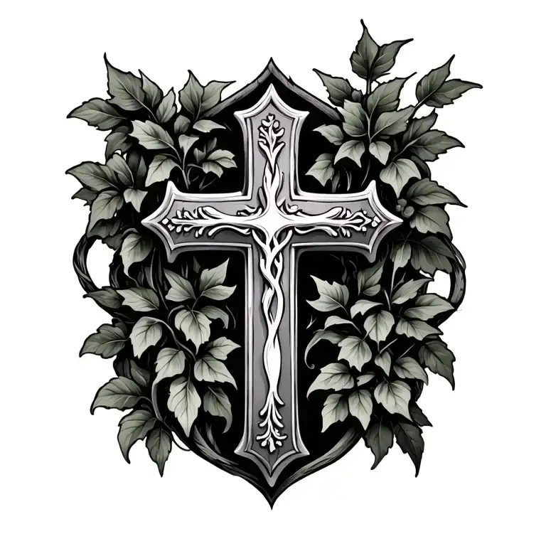 cross and ivy vines tattoo design idea