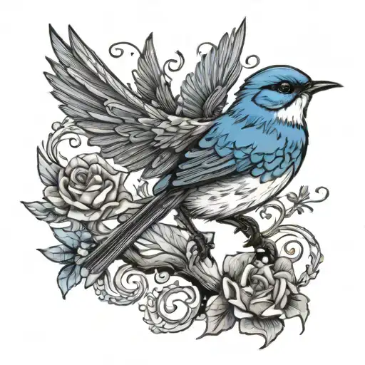 blue wren bird and dragon flying tattoo design idea