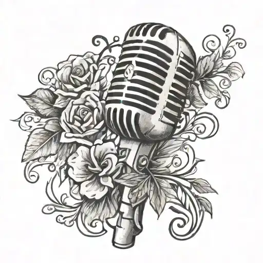A black and grey tattoo of a microphone with Black Pink lyrics woven into delicate floral vines tattoo design idea