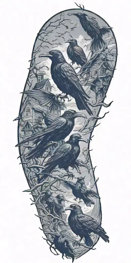 Wendigo and plague doctor crows flying tattoo design idea