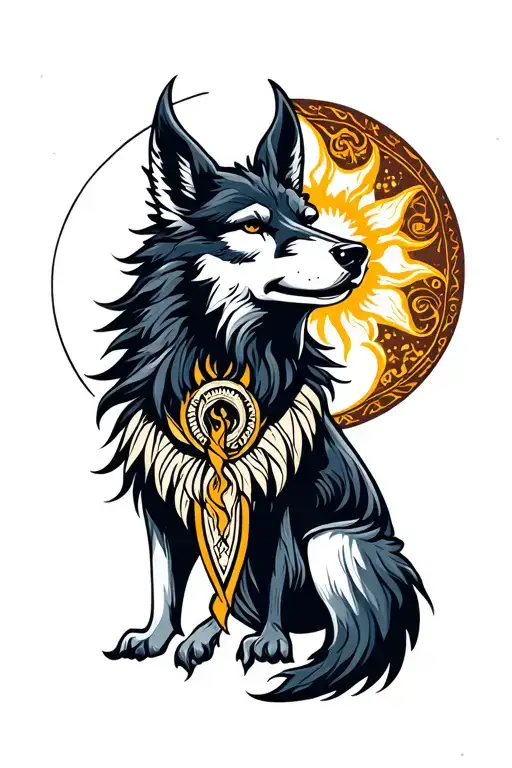 Nordic fenrir hati skoll with sun and moon tattoo design idea
