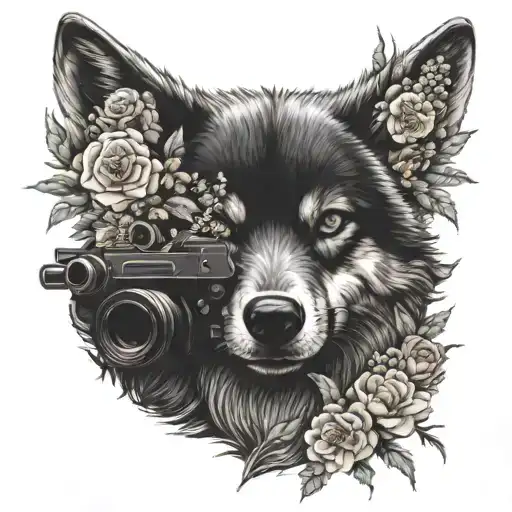 A realistic wolf wearing a ski mask holding a gun, surrounded by flowers tattoo design idea