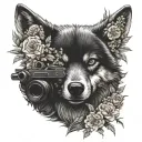 A realistic wolf wearing a ski mask holding a gun, surrounded by flowers tattoo design idea