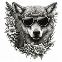 A realistic wolf wearing a ski mask holding a gun, surrounded by flowers tattoo design idea