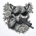 A realistic wolf wearing a ski mask holding a gun, surrounded by flowers tattoo design idea