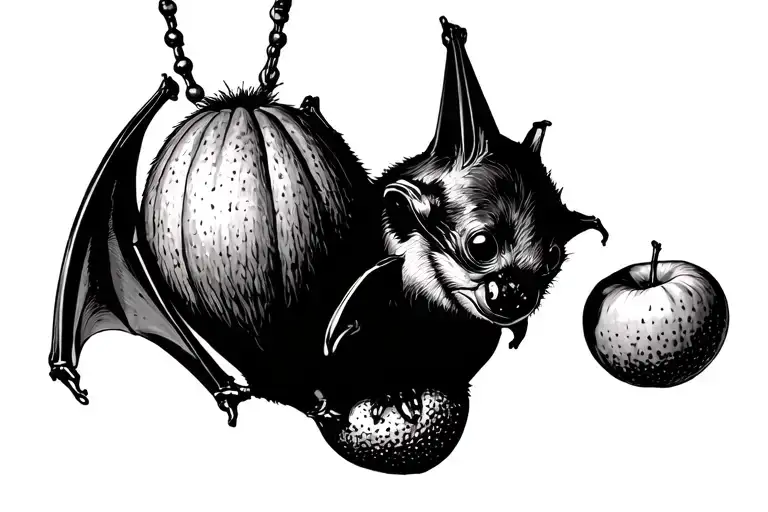 fruit bat hanging upside down eating a  fruit tattoo design idea