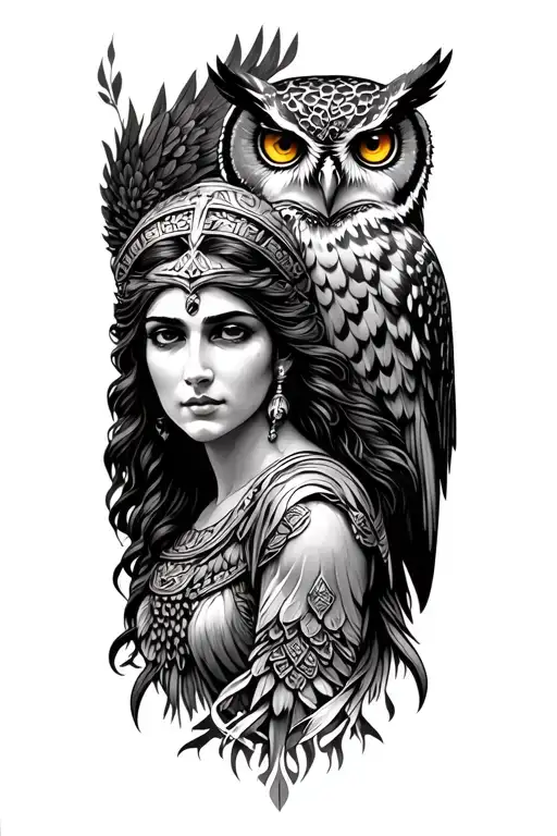 athena goddess and owl surrounded tattoo design idea