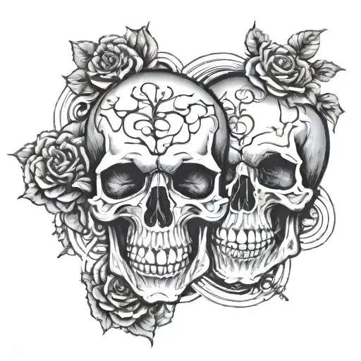 skull holding in left hand brain and in right hand heart tattoo design idea