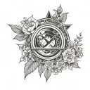 An anarchy symbol intertwined with blooming flowers and a crystal ball, representing nature and rebellion, in black-grey style tattoo design idea