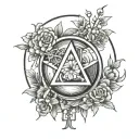 An anarchy symbol intertwined with blooming flowers and a crystal ball, representing nature and rebellion, in black-grey style tattoo design idea