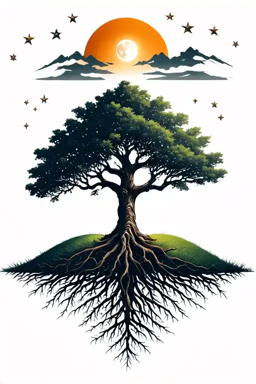 A majestic tree of life with the sun and half moon as its roots and branches, hill landscape, ground with grass, stars tattoo design idea