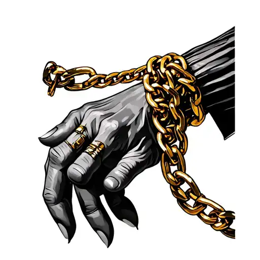 mummy hand holding a gold chain tattoo design idea