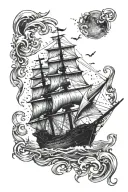 pirates of the caribbean up is down ship with starry sky tattoo design idea