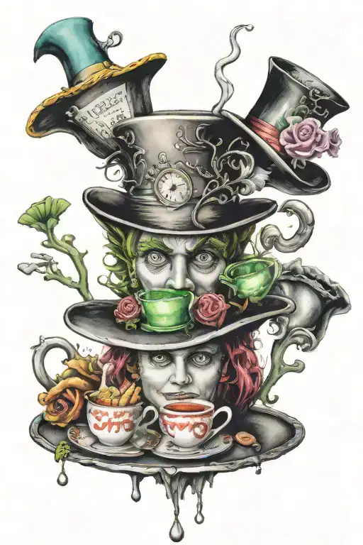 mad hatter tea party with monsters tattoo design idea