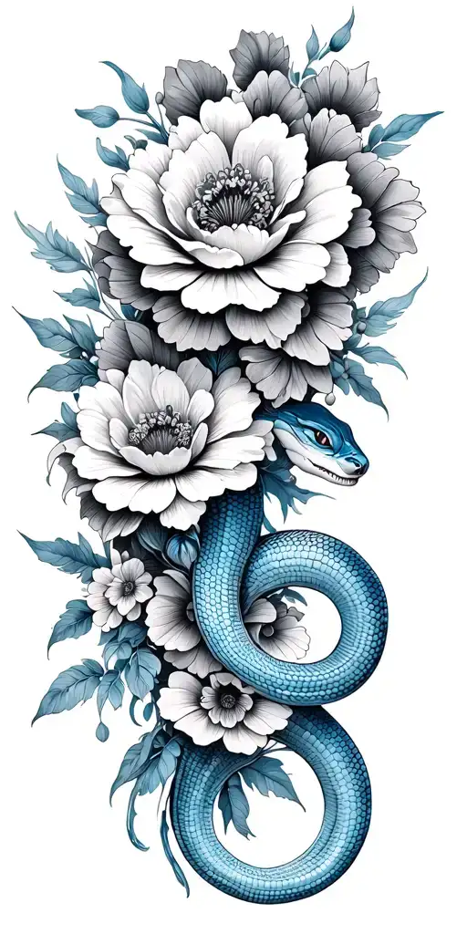 black and grey flower sleeve with a small porcelain blue snake intertwined, lots of flowers tattoo design idea