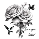 "Love you later " carnation flower with rose flower and daffodil flower iris flower in bouquet and butterfly and humming bird tattoo design idea