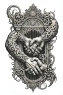 two people holding hands in front of the gates to hell  tattoo design idea