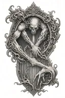 two people holding hands in front of the gates to hell  tattoo design idea