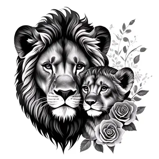 lion and cub faces with roses represet father and daughter tattoo design idea