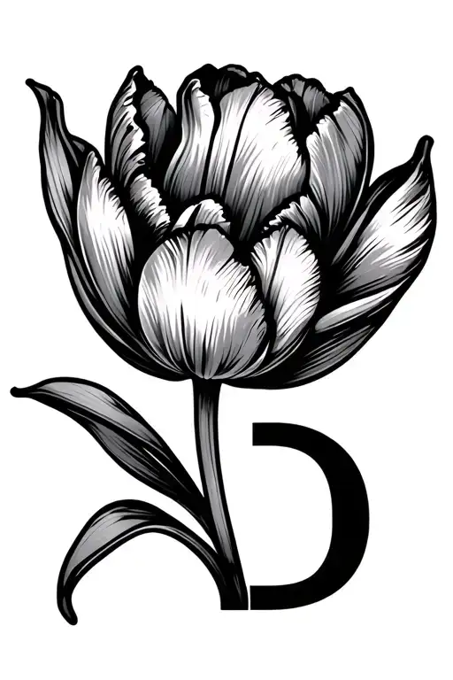 simple line tulip flower with letter B tattoo design idea
