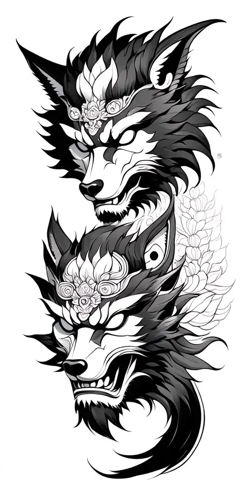 wukong, wolf, buddha, lotus, Japanese demon mask, tattoo design idea