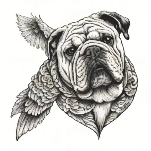 English bulldog whit a parakeet with outstretched wings tattoo design idea