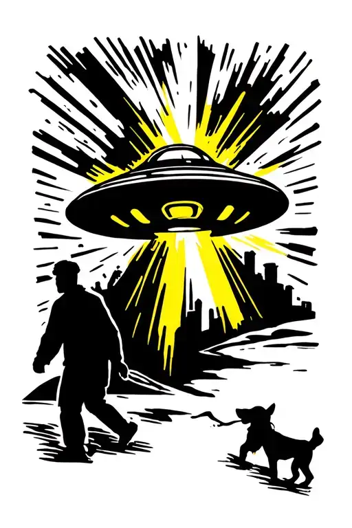tattoo style image of a ufo with beam and a man walking a dog. The man and dog should be a silhouette.  tattoo design idea