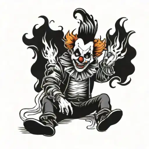 sad drunk clown with pants on fire coming tattoo design idea