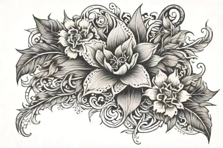 An exquisite botanical tribal design that wraps around the hip. The central part of the composition is the tattoo design idea