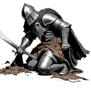 crusader knight kneeling with sword piercing ground with cloth on sword  tattoo design idea