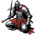 crusader knight kneeling with sword piercing ground with cloth on sword  tattoo design idea