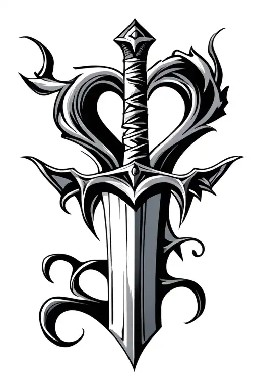 a sword with a heart-shaped hilt tribal tattoo design idea