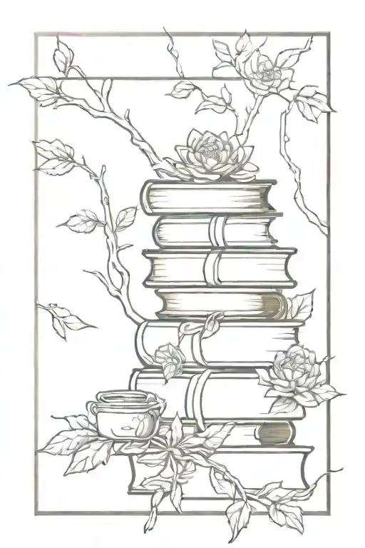 3 books stacked together with vines around it and mums on alternate corners tattoo design idea