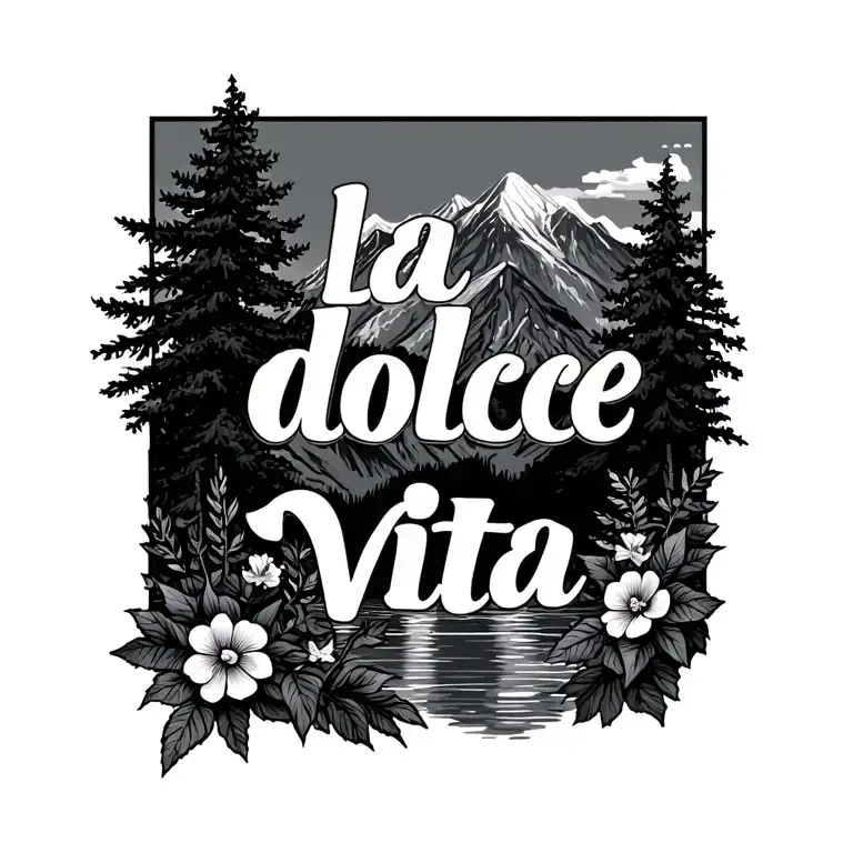 "la dolce vita" La Dolce Vita text fading in bold floral frame mountain water trees tattoo design idea