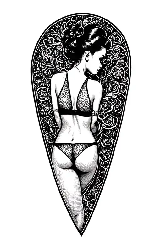 Pin up girl side profile with her head turned looking at me topless wearing a thong tattoo design idea