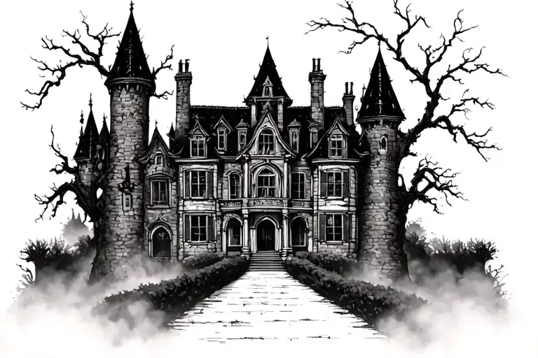 Haunted Mansion, hedge rows, expansive, spooky, misty, cloudy castle ruins tattoo design idea