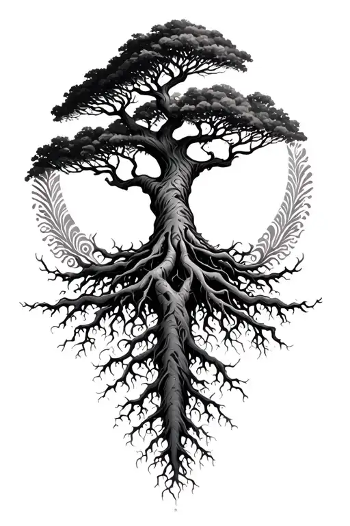 a tree with deep roots and patterns around it tattoo design idea