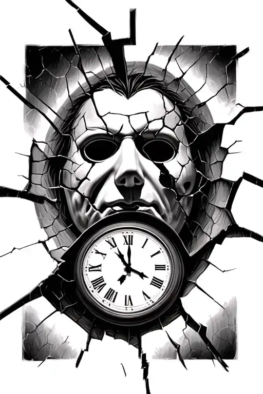 Micheal Myers mask cracked, and inside the cracks you see a clock with no hands. tattoo design idea