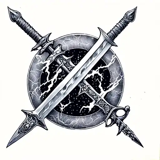 Incorporate symbols from Berserk and Elden Ring into a tattoo featuring swords and lightning tattoo design idea