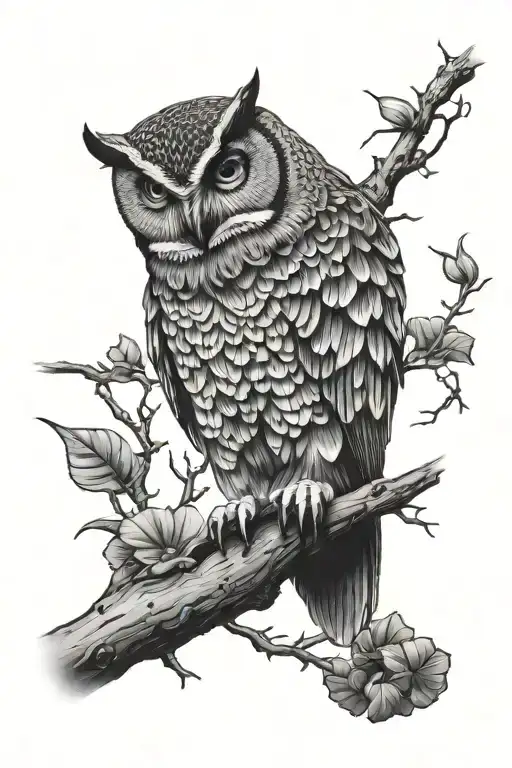 owl perched on a branch frontal view tattoo design idea