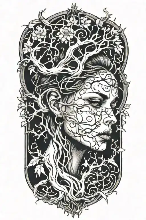 woman's face intertwined with tree of life tattoo design idea