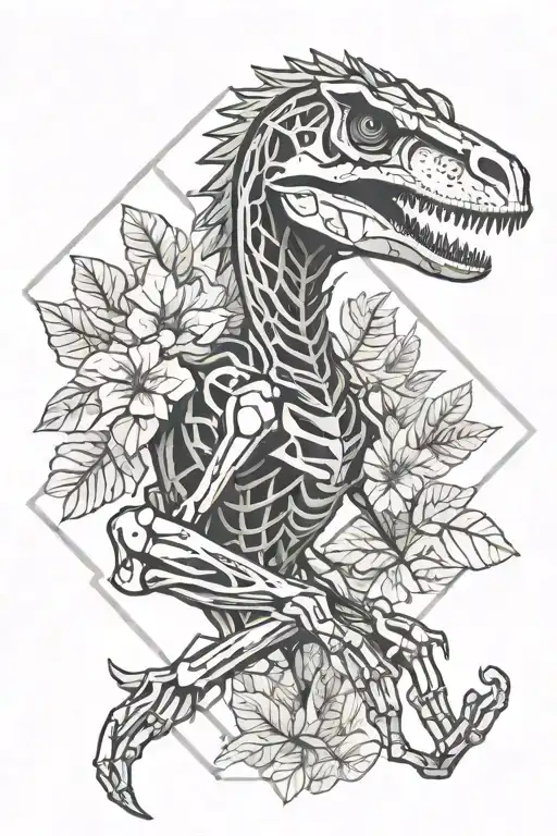 Jurassic Park velociraptor skeleton with leaves intertwined tattoo design idea